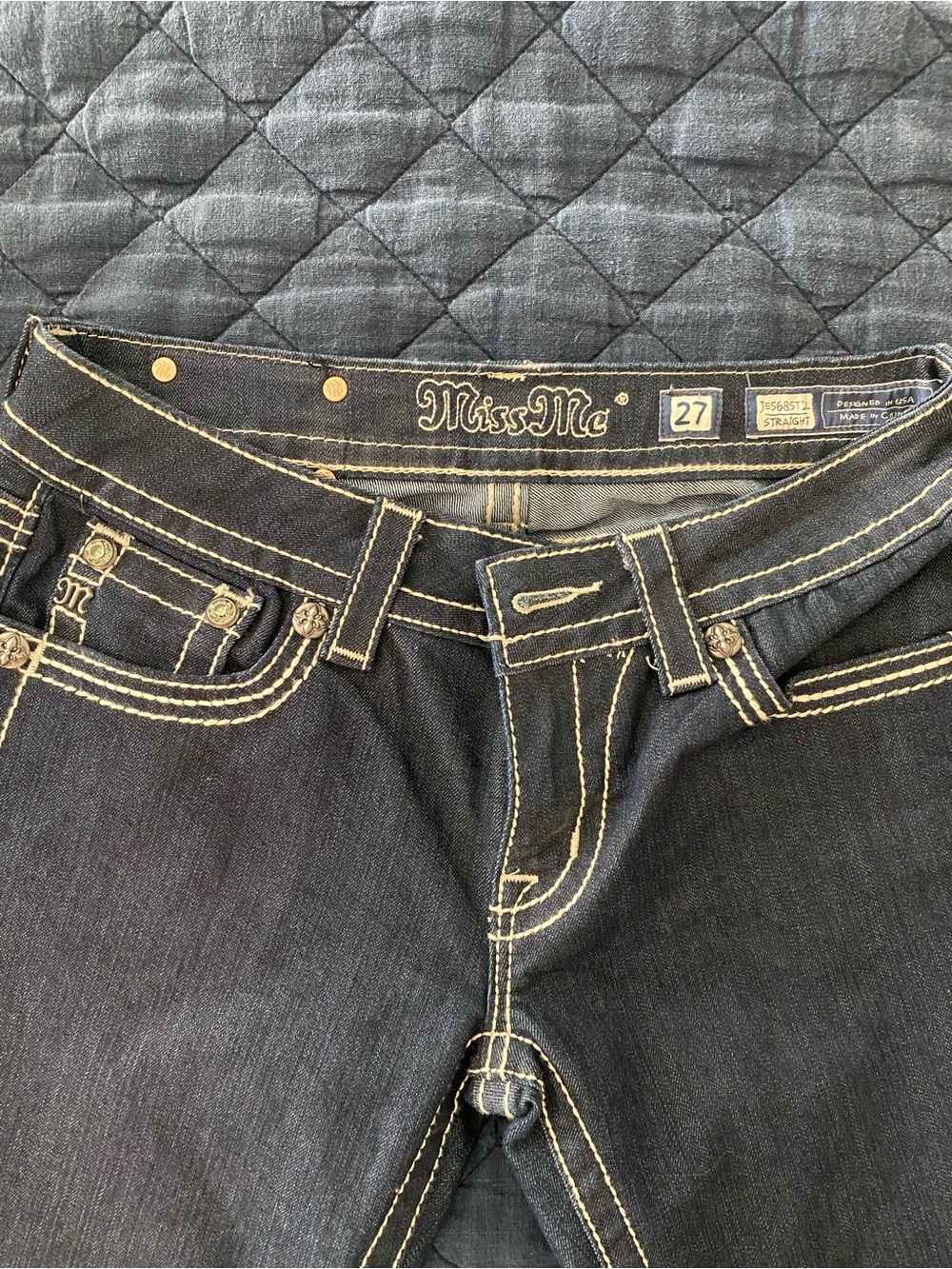 Miss Me Black Slim Straight Jeans with Cream Contrast Stitching